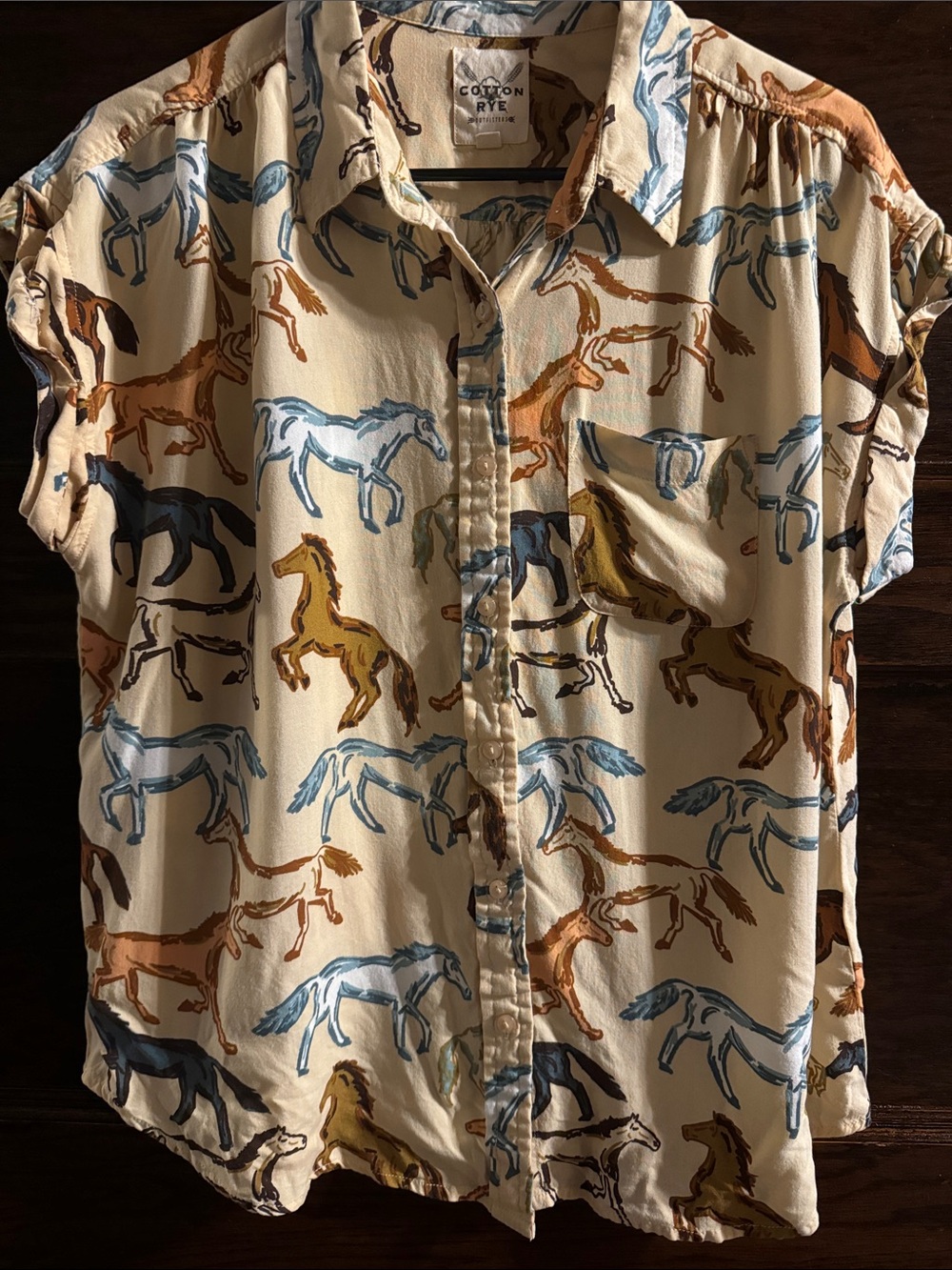 Cotton Rye Outfitters, Cream Button-Down Shirt with Multicolor Horse Print